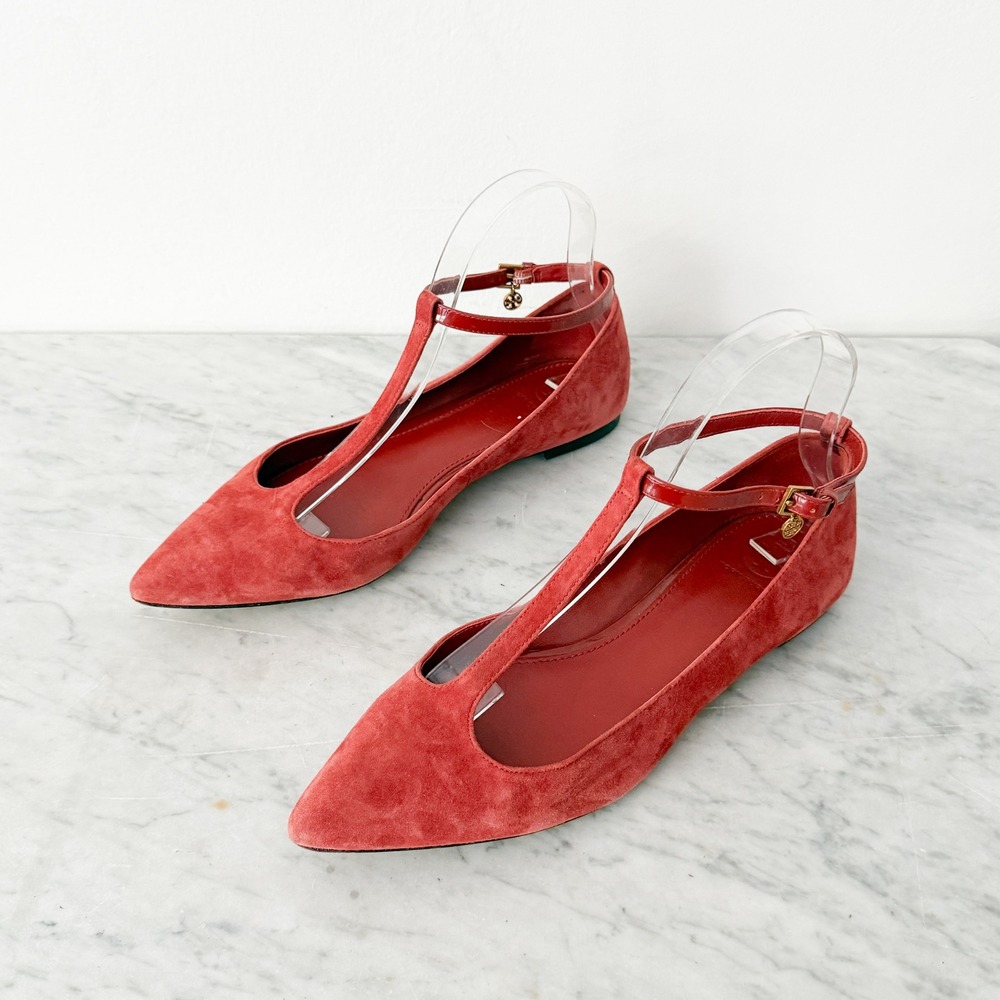 Tory Burch T-Strap Flats Pointed Toe Suede Patent 8M Red Gold Logo Charm 8